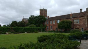 The restored abbey building, with the formal lawn in front