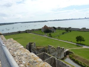 View of the outer bailey & St Mary's church from the roof of the keep